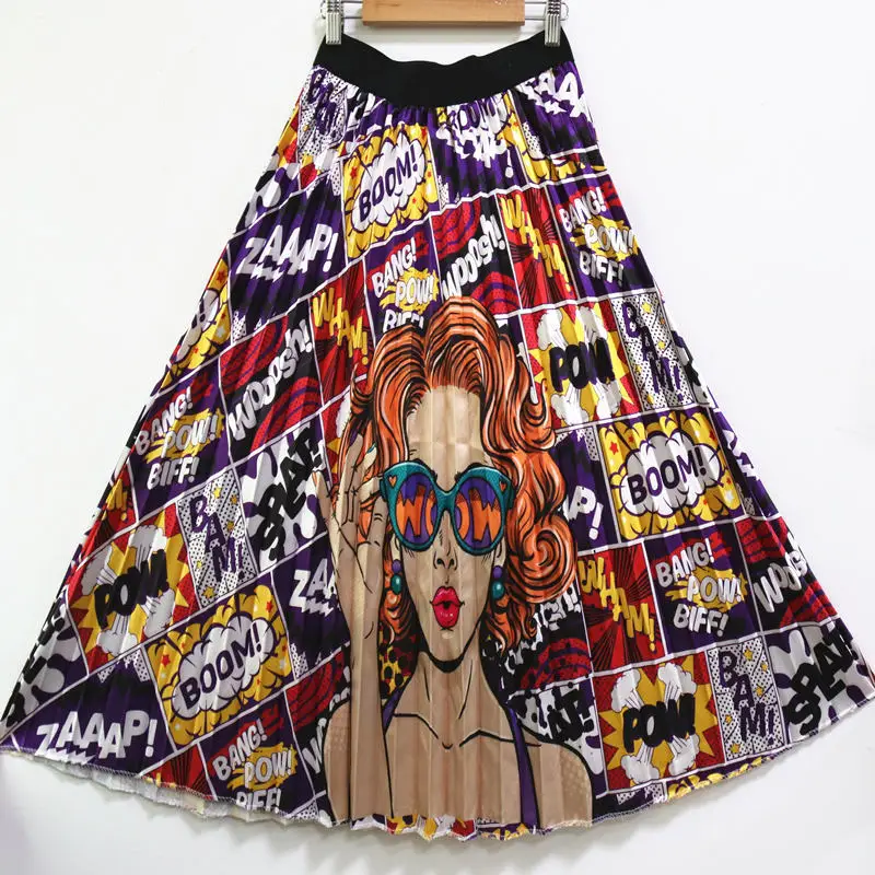 

High Street Cartoon Digital Printed Pleated Skirt For Women Summer Long Skirts For Women Cartoon Skirt