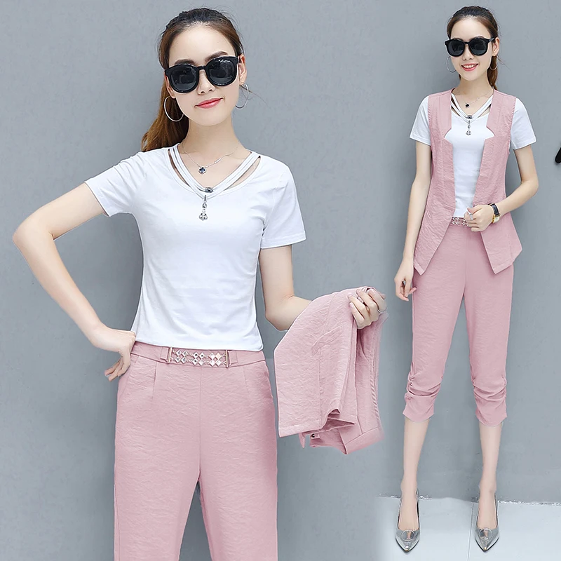 

women leisure suits spring 2018 korean fashion new summer vest t shirt capris pants three-piece clothing set lady outfit costume