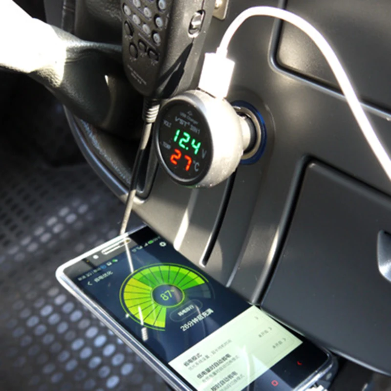 

BYGD 3 in 1 12/24V Digital LED Voltmeter Thermometer Auto Car USB Charger Temperature Meter Voltmeter Cigarette Lighter