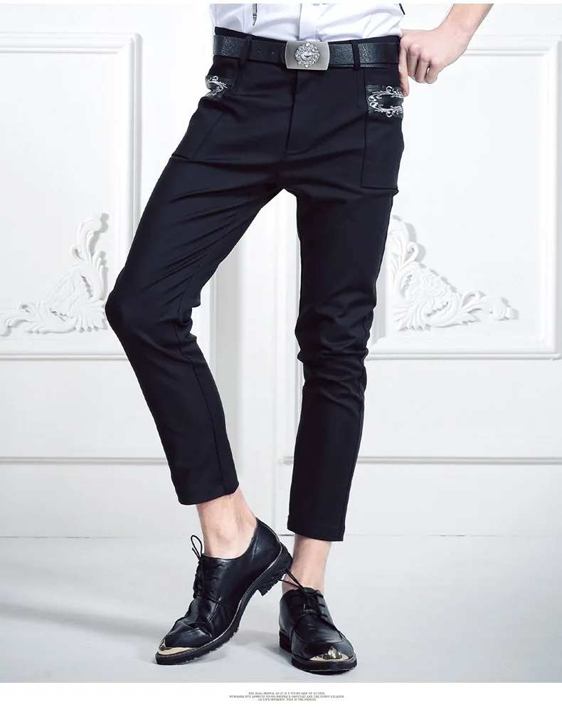 FANZHUAN Mens Black Silver Embroidery Pants Slim Fit Casual