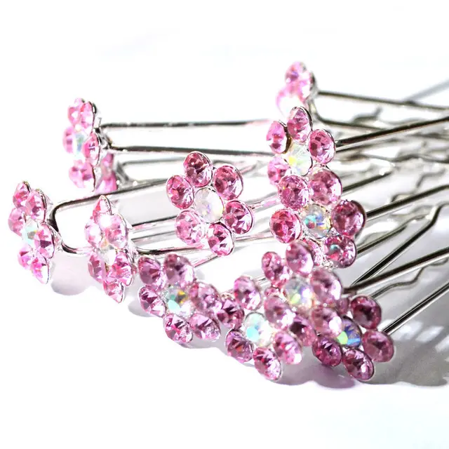 10PC Rhinestone Pink Flower Bright Crystal Hairpins Fashion Hair Clip