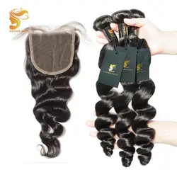 AOSUN волос перуанской свободная волна волос Связки с закрытием 100% натуральные волосы 3 Связки с закрытием Remy Пряди человеческих волос для