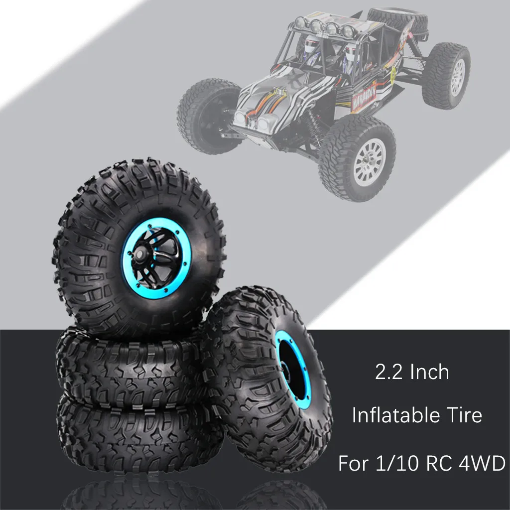 Zhaowei 4PCS Inflatable Tire Wheel Beadlock 2.2 Inch for 1/10 Crawler SCX10 TRX4 RC 4WD with Inflator Blue 