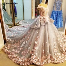 Блестящие дымчатые серые кружевные цветы Тюль Часовня Поезд Свадебные платья Иллюзия лиф бисером кружева аппликации с открытыми плечами