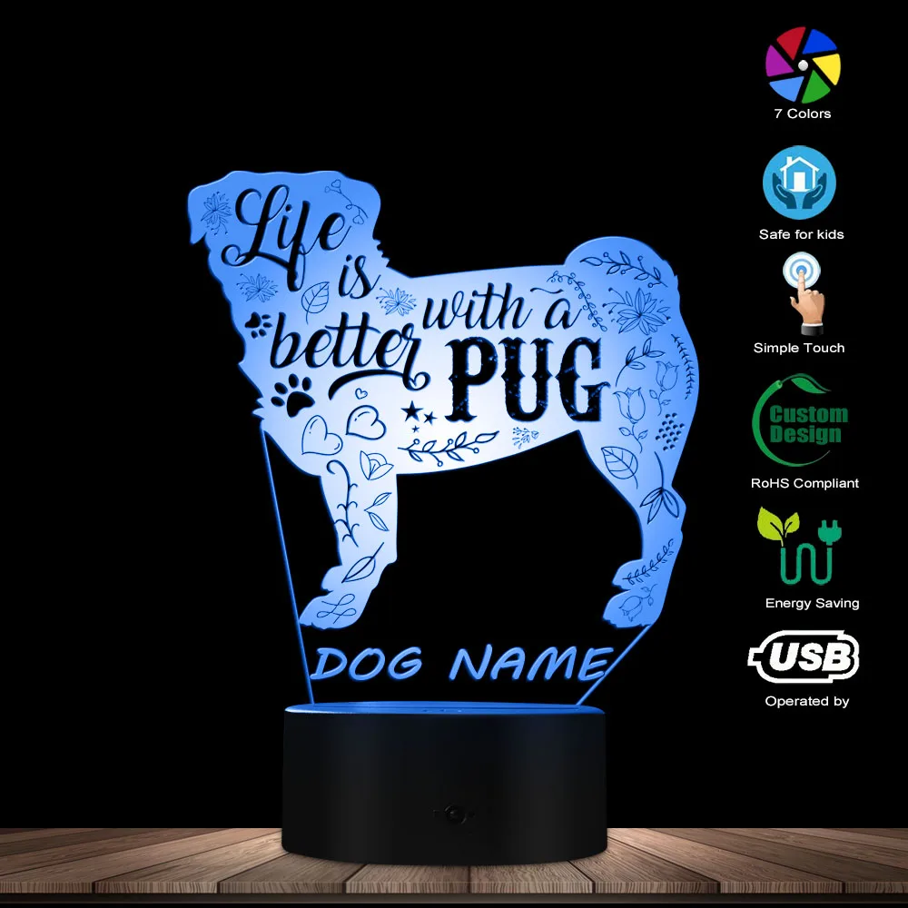 Online Leben ist Besser mit ein Mops LED Nachtlicht Spaß Eingreift Hund Rasse Kunst Dekorative USB Schreibtisch Lampe Custom Dog name Freund Hund Geschenk