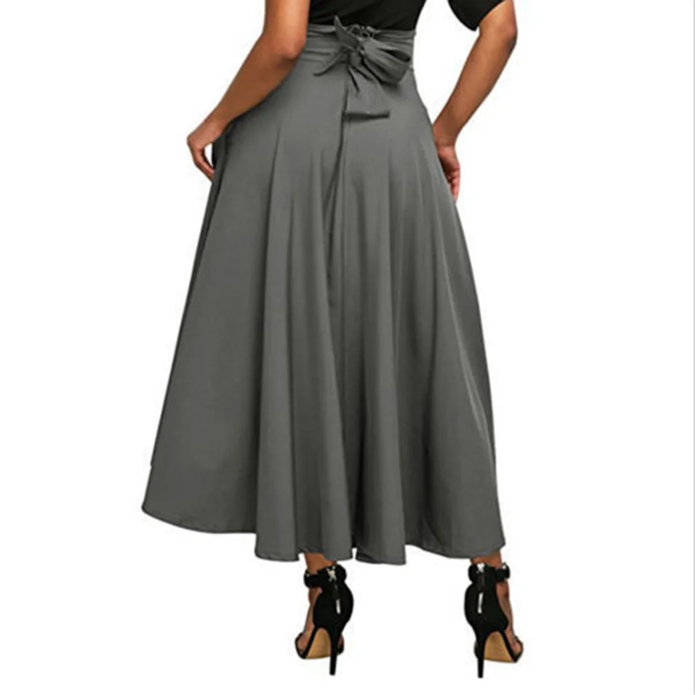 Summer Elegant Skirt With Pocket High Waist Solid Ankle-Length Vintage Skirt Women Fashion Long Skirt