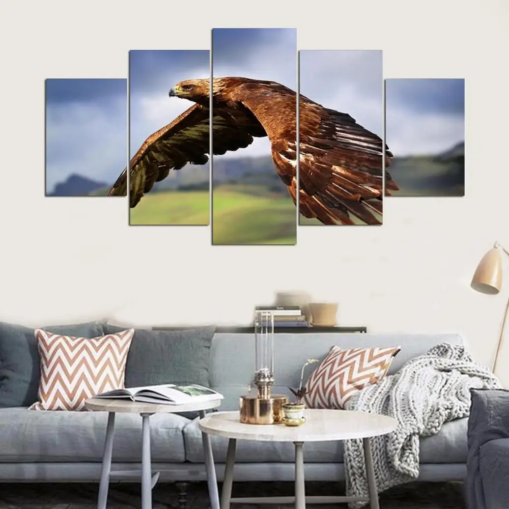 Promotion High Quality 5 panel Modern golden eagle Art print canvas art wall unframed paintings