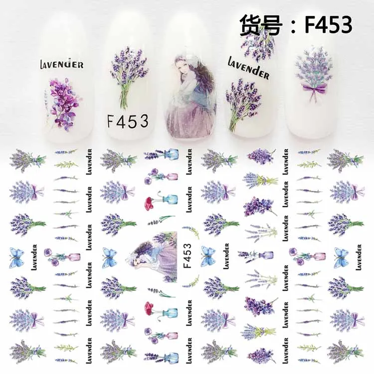 Nail Art sticker s Flowers 1 лист Lavander Nail wrap sticker ультратонкие наклейки для ногтей-12 наклеек s - Цвет: F453