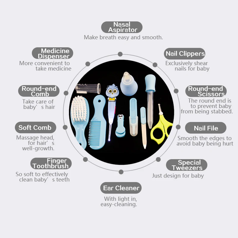 10 and 9 Pcs/Set Safety Newborn Baby Health Care Set Nail Hair Brush Thermometer Nose Cleaner Grooming Kit With Bag