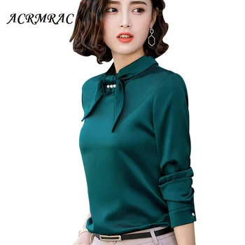 

ACRMRAC Women Spring and Autumn Long Sleeve Shirt Slim Solid color Bow O-Neck OL Formal Women Blouses Women shirt