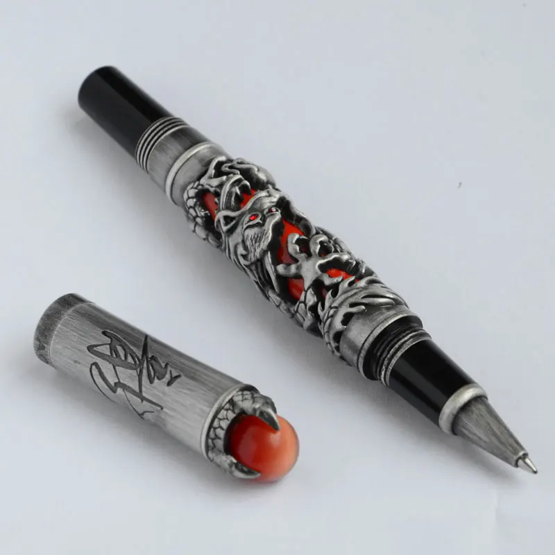 Роликовая Шариковая ручка Jinhao DRAGON KING PLAY PEARL OVERLORD 3 цвета черный красный античный Серебристая кисточка отделка красный жемчуг Офис Лучший подарок - Цвет: Color 1 as picture