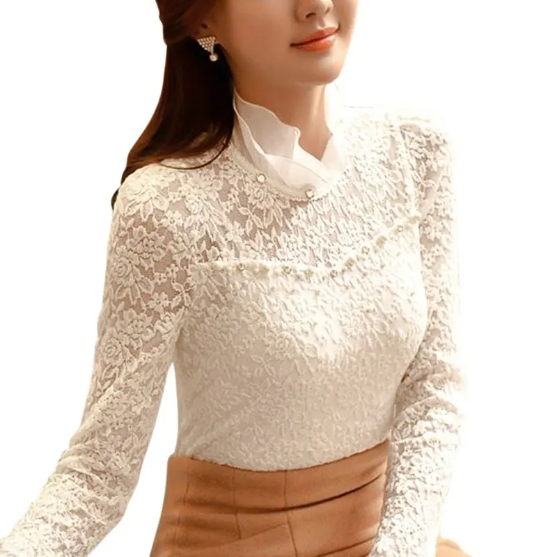 Ladies White Blusas Women's Long Sleeve Chiffon Lace