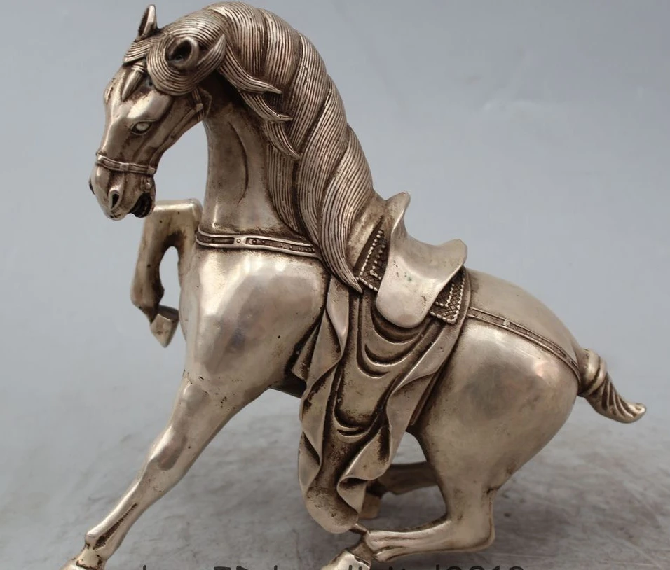 

9" Chinese Silver Fengshui Zodiac Year Horse Dragon Running Successful Statue