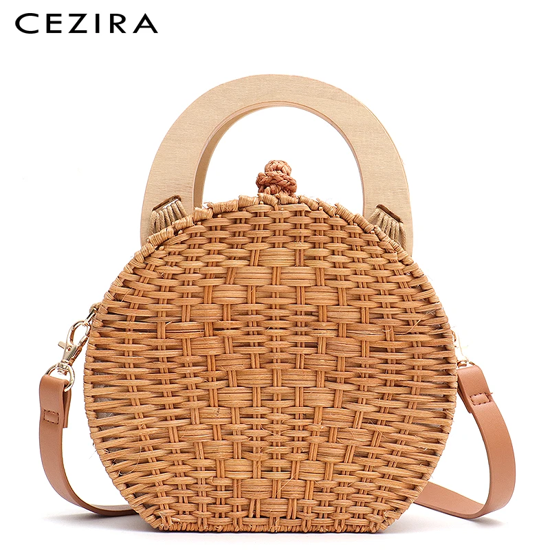 

CEZIRA 2019 Summer Beach Round Straw Shoulder Bags for Women Natural Woven Knitting Handbags Ladies Bamboo Case Bags Cross body