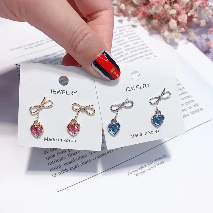 bow heart crystal earring Hypoallergenic fadeless fashion jewelry stud earrings for women girl gift