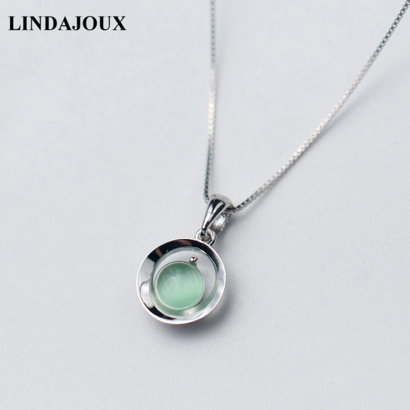 LINDAJOUX 925 серебро натуральный Зеленый Опал Круглый Кулон Цепочки и ожерелья для