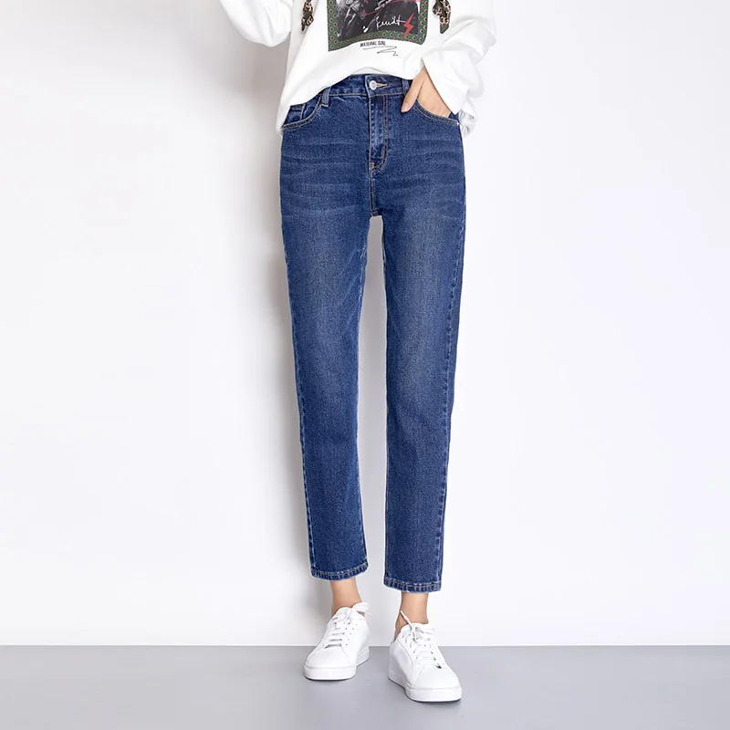 Джинсы для женщин в стиле бойфренд с высокой талией светильник синего размера плюс хлопок свободные длинные джинсовые штаны