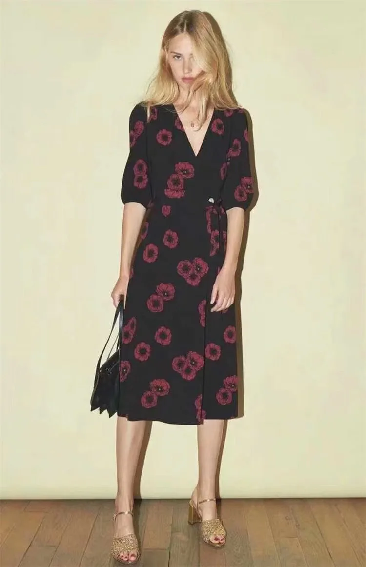 

Women Dress 2019 New French Style Anemone Print Wrapped Tea Break Midi Dress