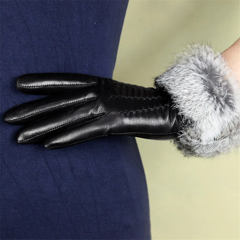 Women's Sheepskin Gloves Genuine Leather Fashion Wrist Rabbit Hair Driving Gloves Winter Keep Warm Plus Velvet WF1605