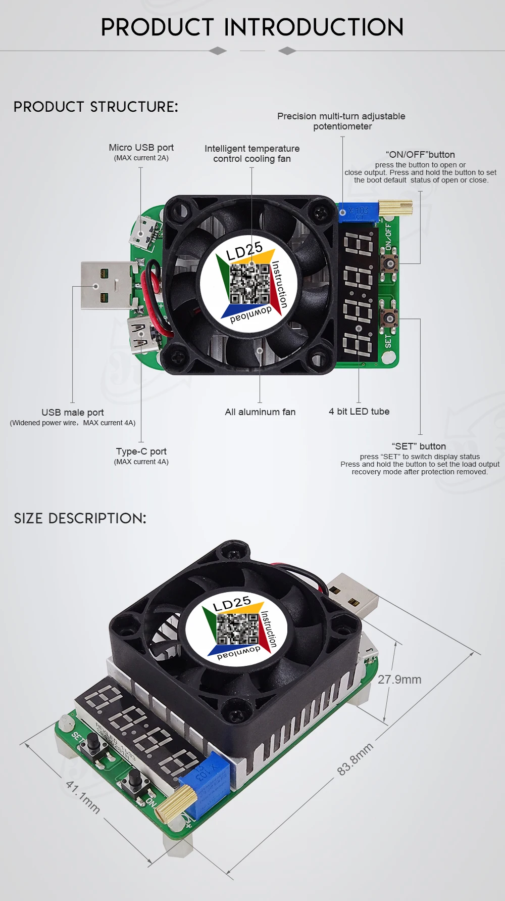 LD25 LD35 электронный нагрузочный резистор USB интерфейс разрядка батареи тест светодиодный дисплей вентилятор регулируемое напряжение тока 25 Вт/35 Вт