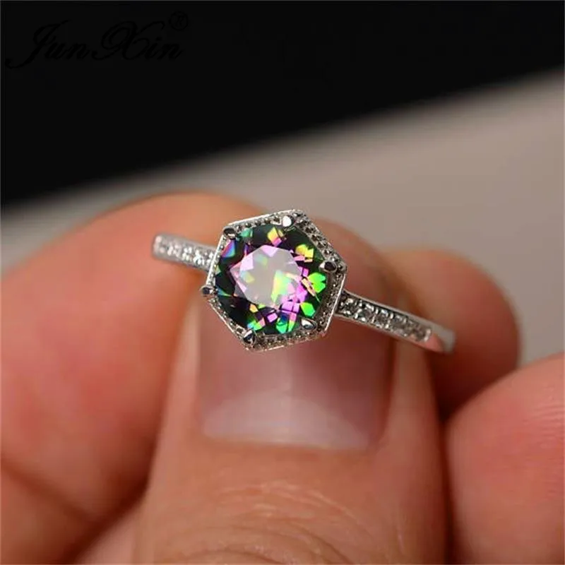 

JUNXIN Female Mystic Fire Hexagon Rings For Women 925 Sterling Silver Filled Rainbow Birthstone Thin Joint Ring Engagement Gift