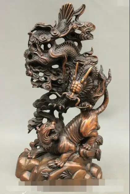 

S3727 15" Archaic Chinese Palace FengShui Pure Bronze Flying Dragon Fight Tiger Statue