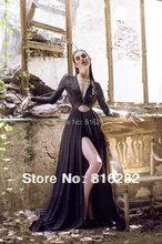 Sexy Schwarz Eine Linie V-ausschnitt Bodenlangen Mit Gericht Capped Long Sleeves Backless Side Split Chiffon Abendkleider