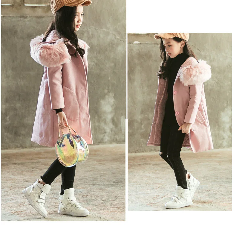Cabolsa de lã com Capuz Gola de Pele Jaquetas para Meninas Bebê Menina Outono Inverno Roupas Bolsos Grandes Meninas Cabolsas Crianças 10 14 12 8 6 4 2020 17 casacos gola de pele crianças jaquetas para meninas 10 14 12 8 6 4