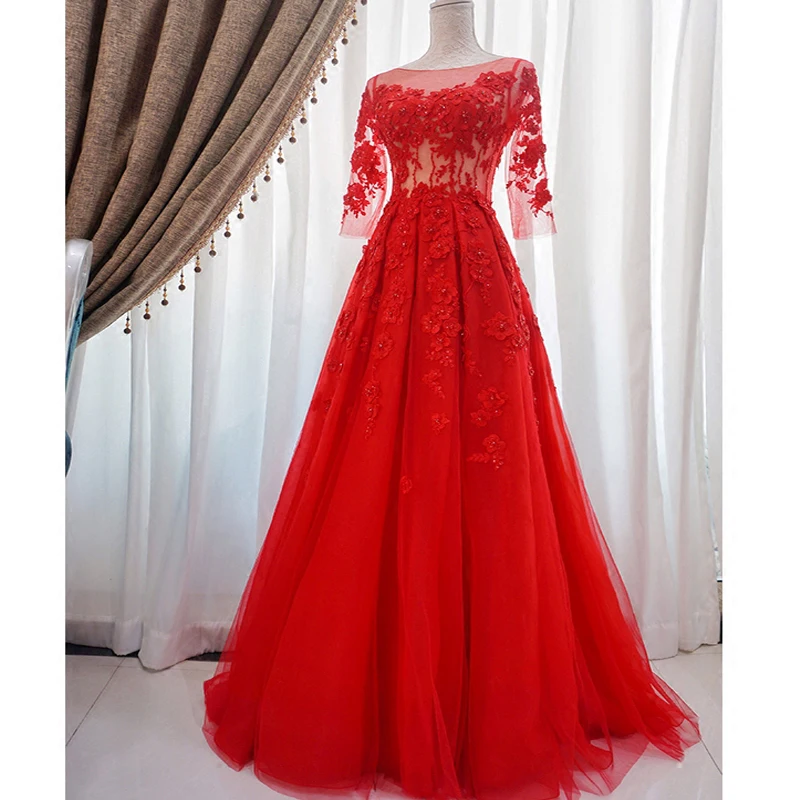

Evening Dresses 2018 Plus Size Embroidery Long Formal Dresses Boat Neck Red Lace Up Illusion Three Quarter Sleeve Robe De Soiree