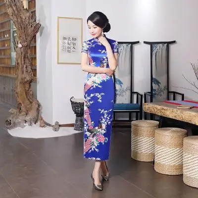 Plus Size 6XL Chinese Women Cheongsam Lady Qipao BLACK Print Flower Long Dress Bride Wedding Dresses Elegant Gown Vestidos - Цвет: Blue A