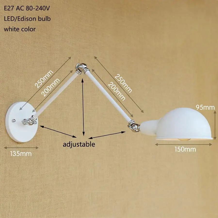Лофт длинный поворотный рычаг промышленный латунный отрегулирующий настенный светильник бра E27 Настенные светильники для спальни подсветка на стену в ванную крыльцо освещение - Цвет абажура: white color