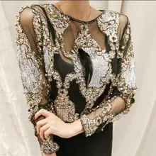 Brand famous 2017 women crystal Blouses sexy lace beads autumn winter tops and shirts blusa femme camisa Dropshipping wholesale