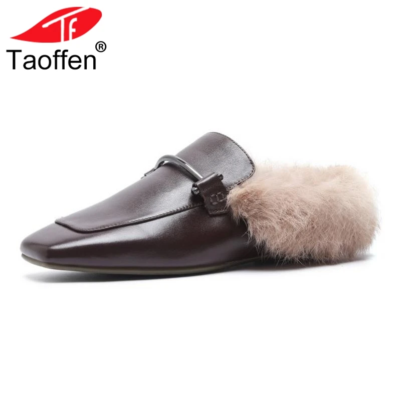 

Taoffen Women Genuine Leather Flats Boots Plush Fur Keep Warm Winter Shoes Women Fashion Square Toe Ankle Boots Size 34-40