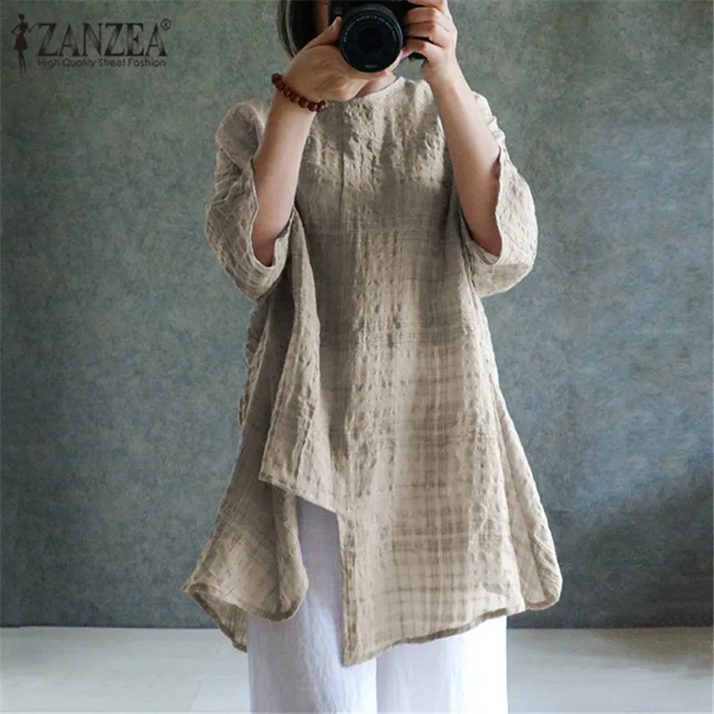 

ZANZEA Cotton Linen Blouse Blusa Oversized 2019 Summer Womens Split Baggy Casual Tops Vintage Long Sleeve Shirt Plus Size Blouse