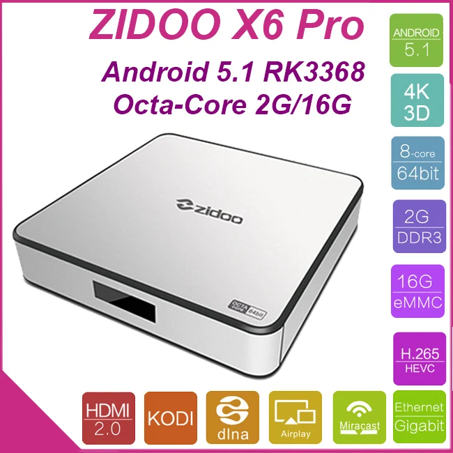 

Zidoo X6 Pro WIFI Android TV Box Oversea versions HD 4K*2K H.265 RK3368 Bluetooth XBMC unblock (KODI) 2G/16G 3D Octa Core 1000M