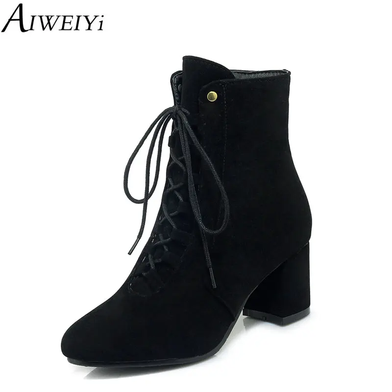 

AIWEIYi High Heels Ankle Boots for Women Round toe Platform Shoes Flock Lace Up Autumn Winter Short Plush Snow Boots Botas Shoes