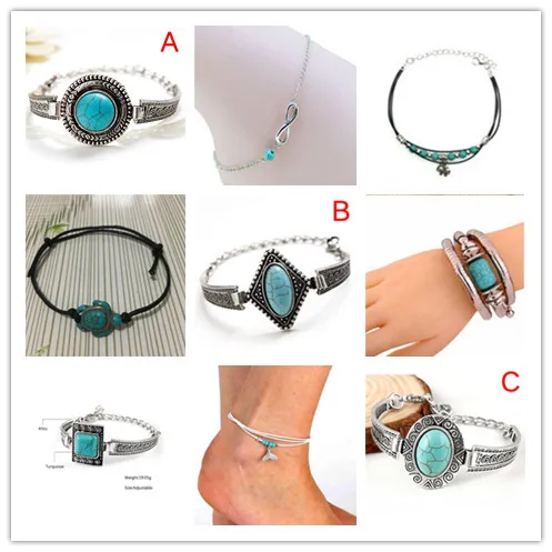 Boho Turquoises Bracelets Hand Charm Pendant Vintage Bracelet Anklet Fashion Jewelry 9 Styles For Women Men