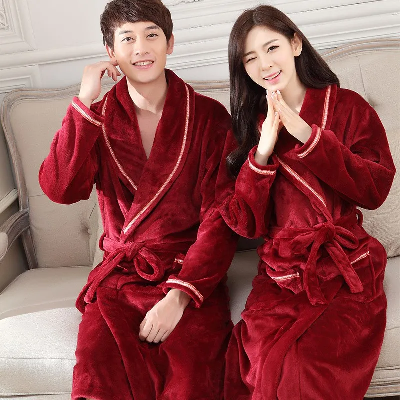 Винно-Красный Модный мужской женский осенне-зимний мягкая тепловая фланеливая ткань возлюбленные удобный халат чистый цвет хлопок благородные халаты хороший подарок