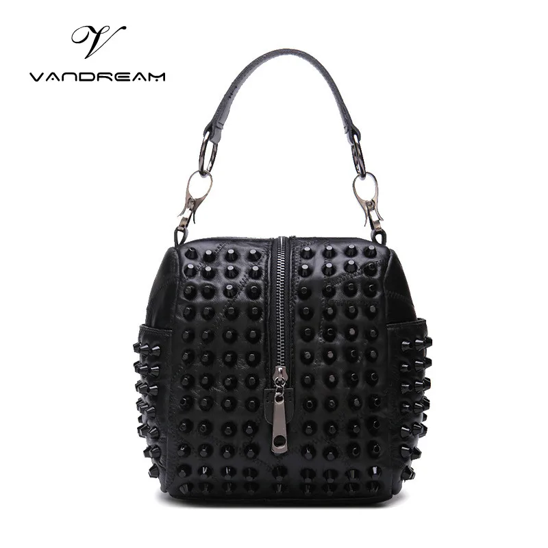 Модная женская сумка из натуральной кожи, маленькая черная сумка-тоут с заклепками, сумка через плечо/сумка-мессенджер через плечо для девушек - Цвет: Черный