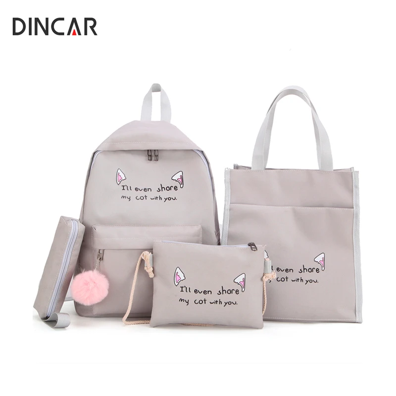 

DINCAR 4pcs/set Korean Version Cat Expression Backpacks Canvas School Bags For Teen Girls Women Casual Travel Shoulder Bag 2019