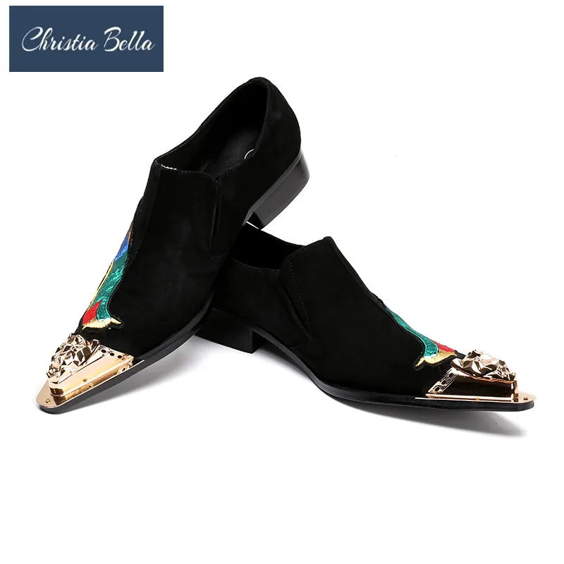 

Christia Bella Men's Embroidery Suede Pointed Metal Toe Formal Dress Shoes lack Pointed Oxford Breathable Formal Wedding Shoes