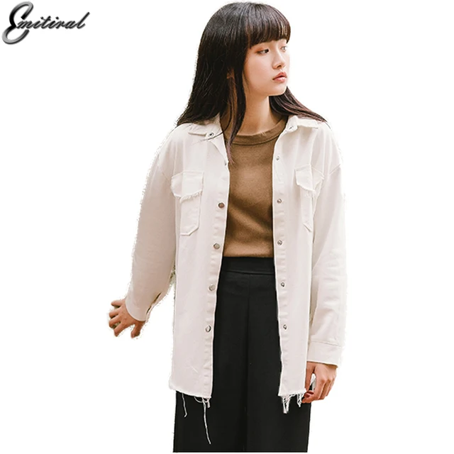 Emitiral Autumn Cotton Denim Women Jacket 2017 Long Sleeves Plain Casual Female Outwear Pink White Women Coat Jeans Jackets