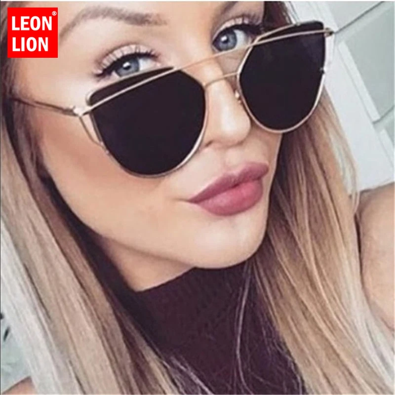 LeonLion Brand Designer Cat eye Sunglasses Women Vintage Metal Reflective Glasse