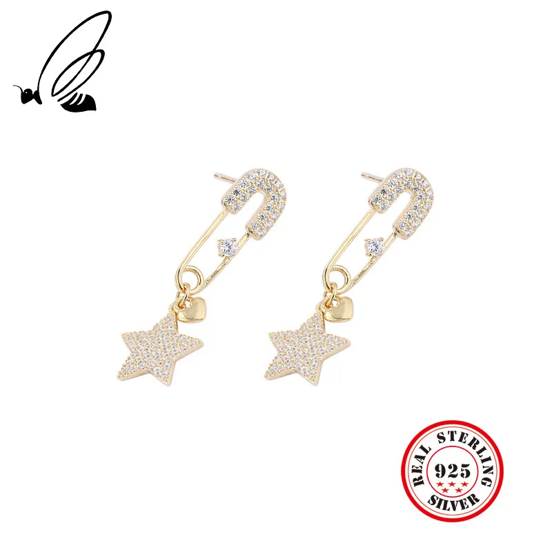 

New 925 Sterling Silver Zircon Pin Star Heart Drop Earrings Gold Texture Creative Elegant Female Earrings S925 Fine Jewelry