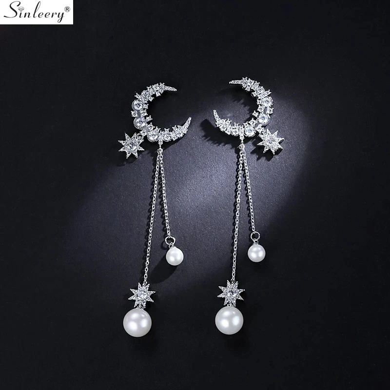 

SINLEERY Moon Star Pearls Elegant Long Drop Earrings Gold Silver Color Tiny Crystal Wedding Earrings For Women Jewelry ES795 SSG