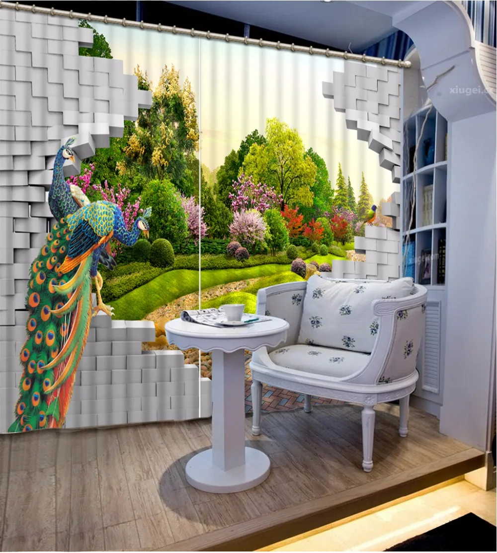 New Custom 3D Beautiful Blackout Curtain Brick Wall Peacock Park
