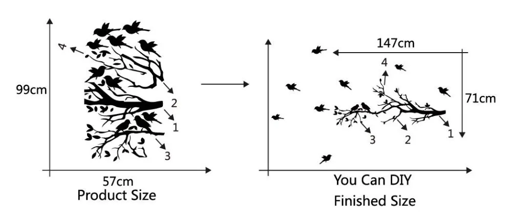 Большой размер 147 см x см 71 см ветка дерева с птицами виниловая настенная наклейка для дома креативные настенные наклейки декор 2