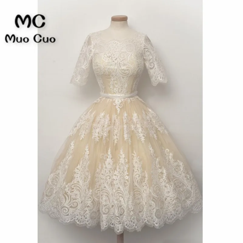 Fashion A-line Scoop Half Sleeves Knee-length Lace HomecominG Dress