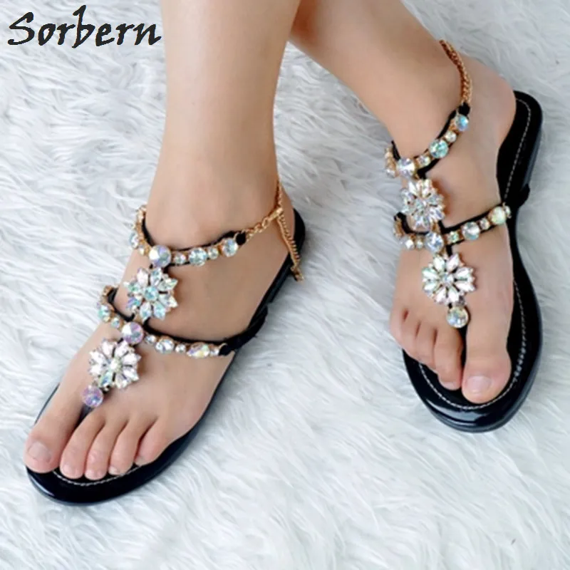 

Sorbern Flat Crystal Women Sandals 2018 Beach Womens Rhinestone Sandals Flat Sandals Rhinestone Plus Size 34-48