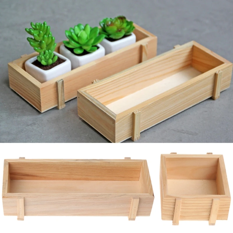 Wooden Organizer Artificial Succulent Plants Planter Box Flowers Holder